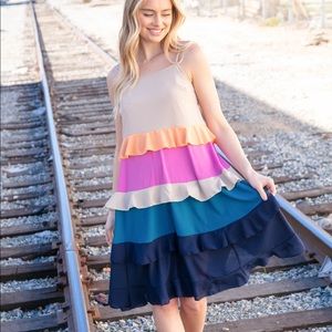 Taupe Multicolor Sleeveless Ruffle Tiered Midi Dress